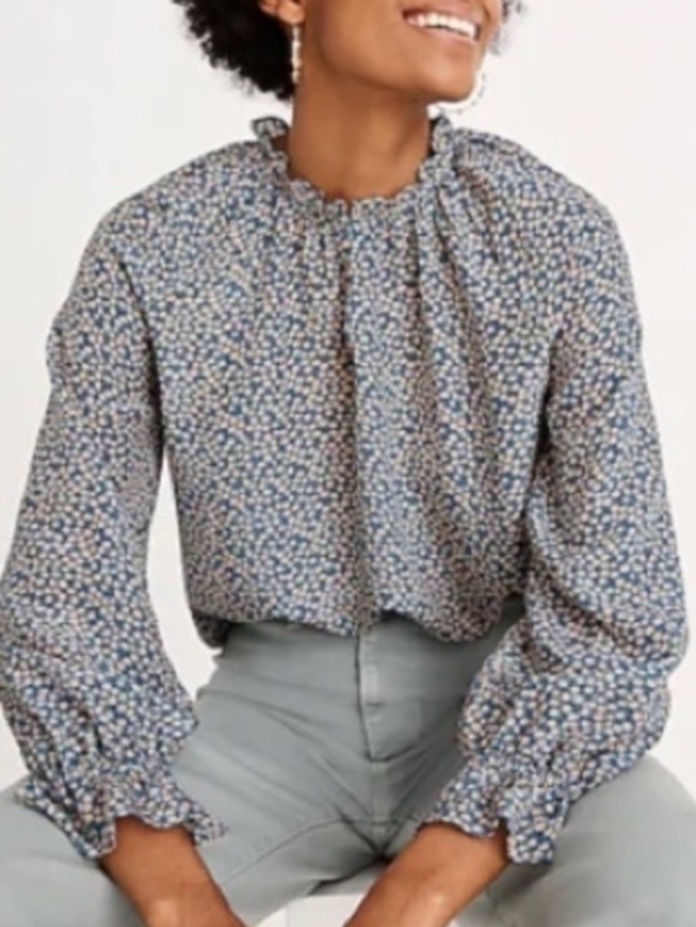 Madewell Silk Poet Blouse Mini Floral Print Blue Size Small (AC192)